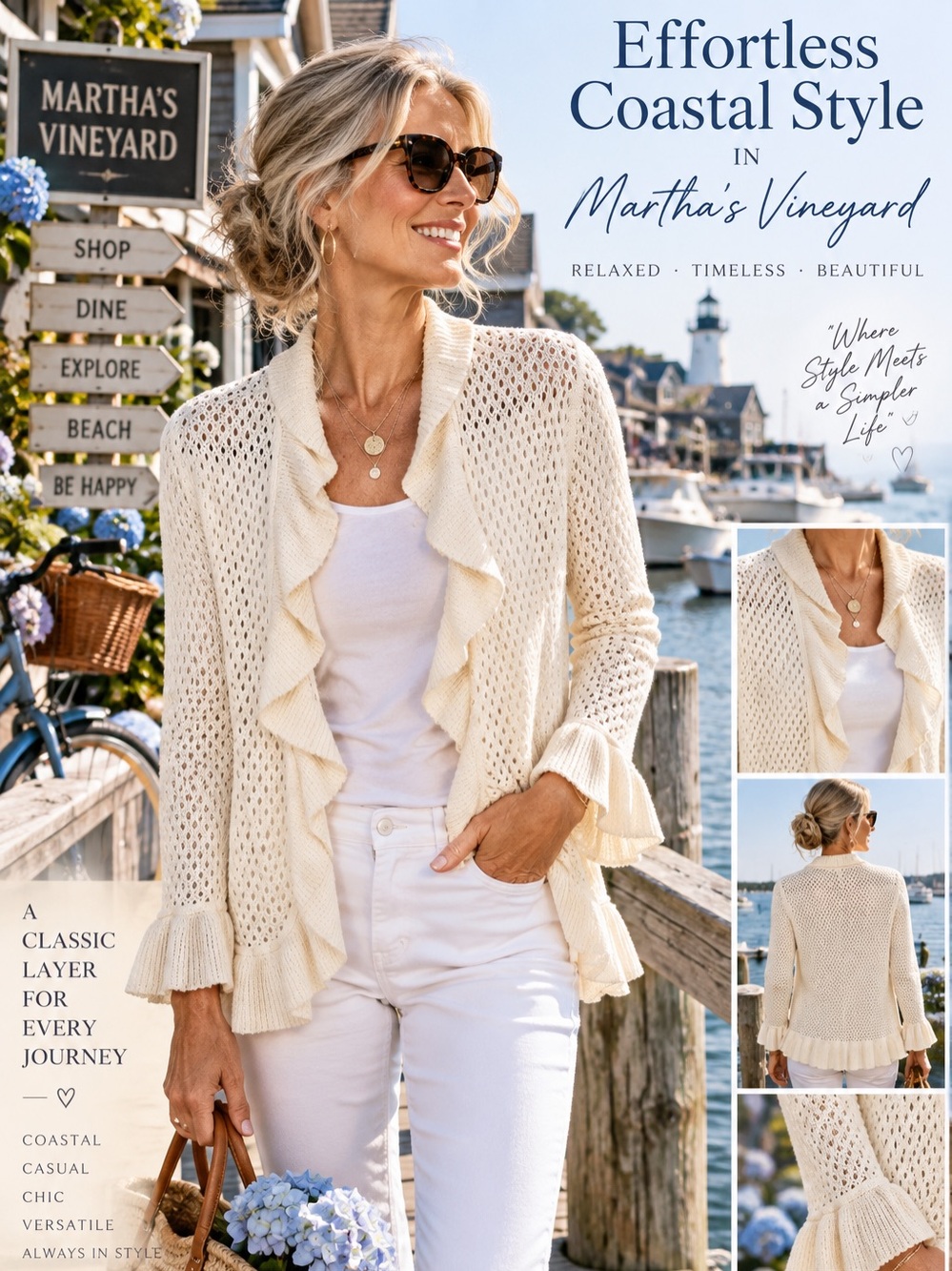 Faded Glory Cream Ruffled Pointelle Cardigan Size Large